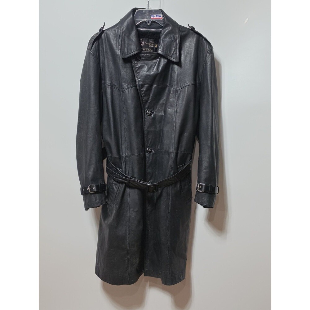 Vtg 70s Sears The Leather Shop Trench Coat Black Leather Belted Matrix Jacket
